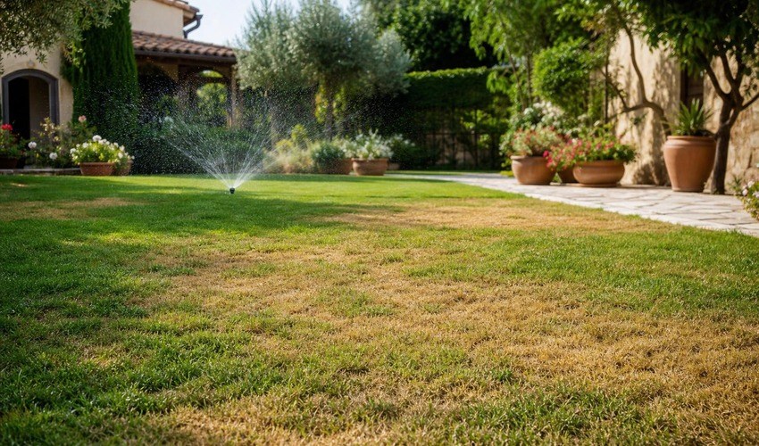 césped amarillo en verano en jardín mediterráneo
