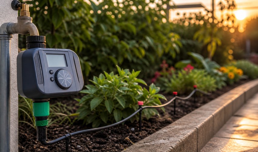 Programador de riego por goteo en jardín programador de riego para jardín en verano