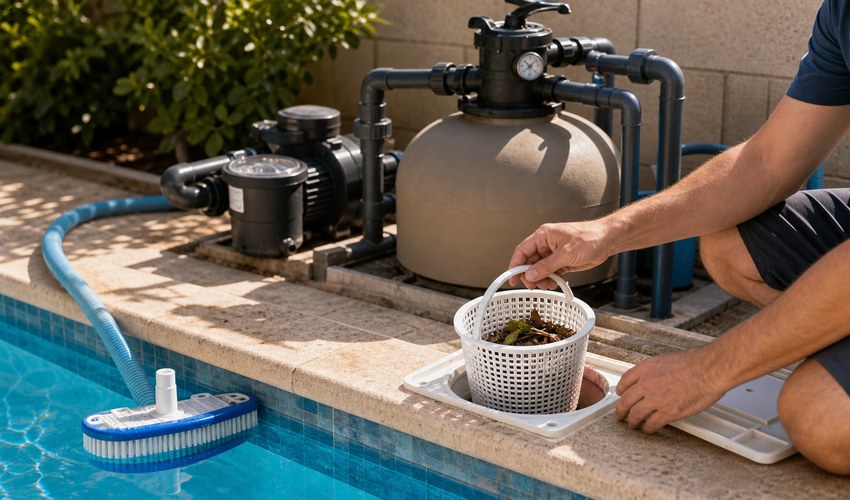 Revisión del filtro y skimmer de la piscina revisar filtro y skimmer de piscina