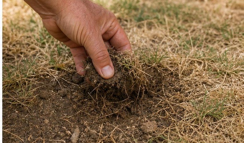 Revisión de raíces y suelo en césped seco mano revisando raíces secas de césped amarillo