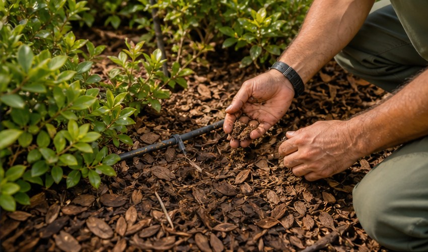 Revisión de riego por goteo y acolchado riego por goteo y acolchado en jardín comunitario
