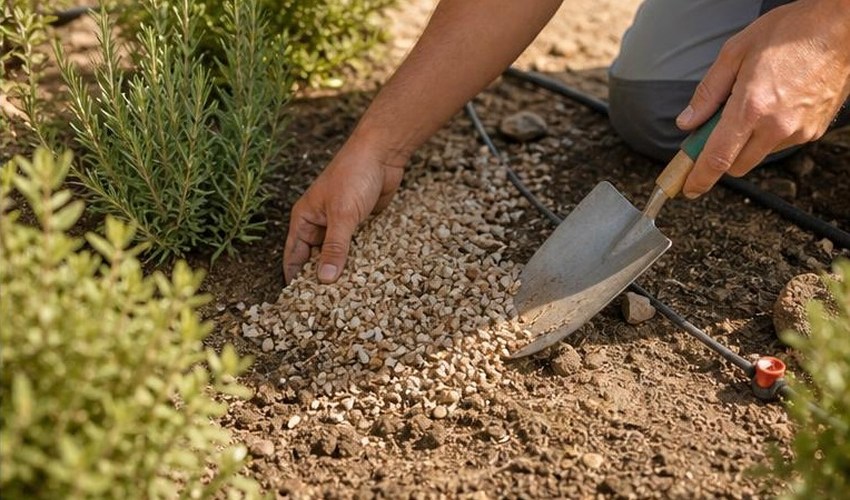 Suelo protegido alrededor de aromáticas acolchado mineral y riego controlado en plantas aromáticas
