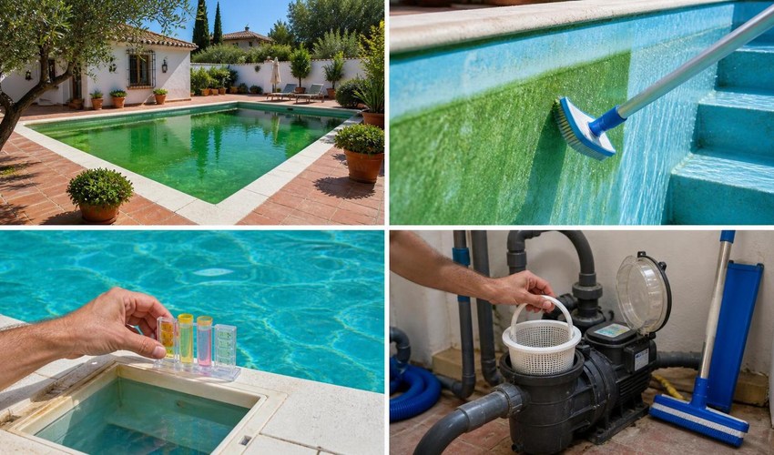 algas en la piscina en verano agua verdosa
