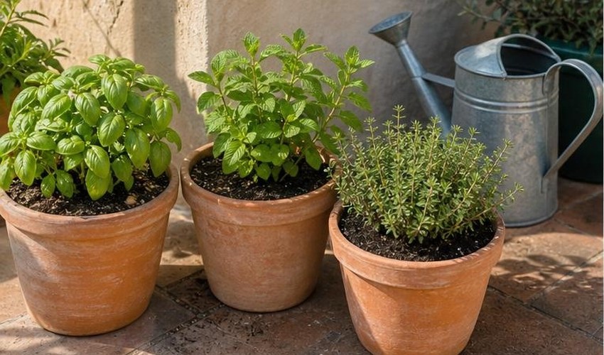 Aromáticas en maceta con luz protegida macetas de albahaca menta y tomillo en patio luminoso
