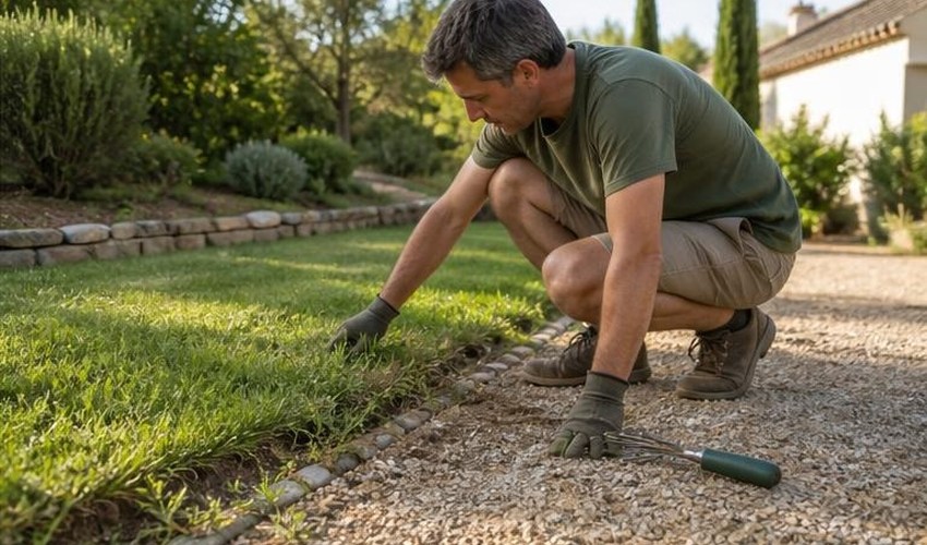 Revisión de bordes y caminos para controlar rebrotes jardinero revisando borde de césped y camino de grava para evitar rebrotes