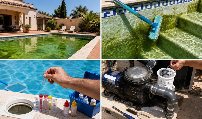Cepillado de paredes con algas en piscina cepillar paredes de piscina con algas verdes