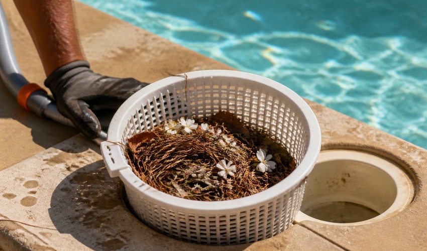 cesto de skimmer con hojas y restos vegetales antes de limpiar