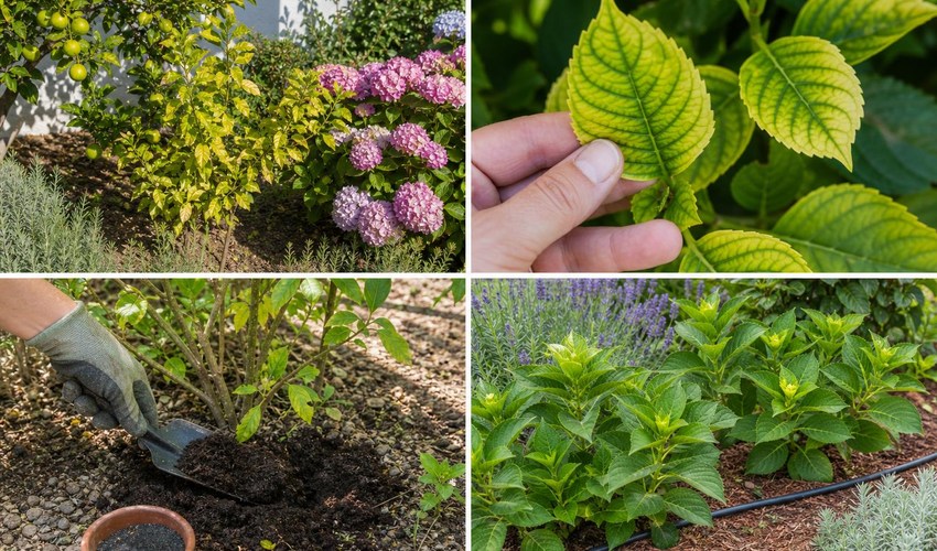 clorosis férrica en verano en plantas de jardín con hojas amarillas