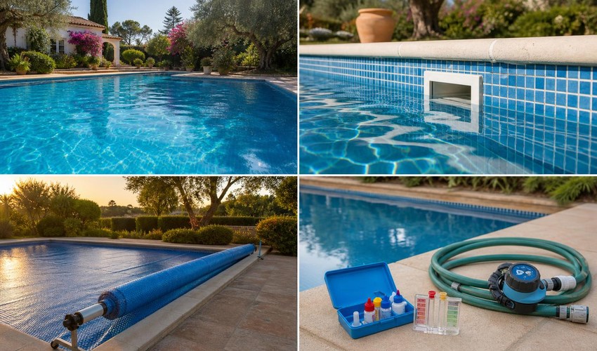 Control de nivel, análisis y filtración de piscina en verano control de agua y filtración de piscina en verano con kit de medición