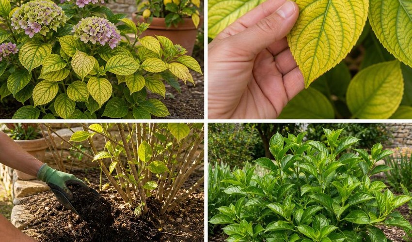Corrección del suelo para ayudar a una planta con clorosis aplicar compost y quelato de hierro en la base de un arbusto