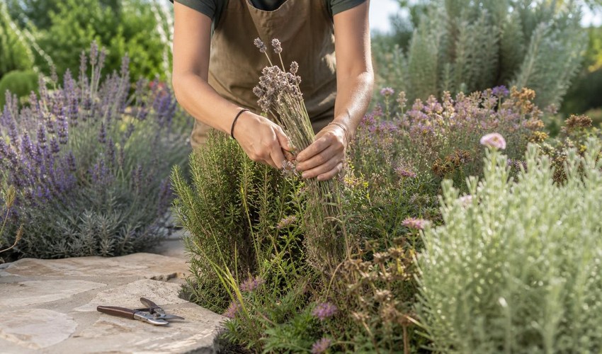 cortar flores marchitas con tijeras limpias en jardin de verano