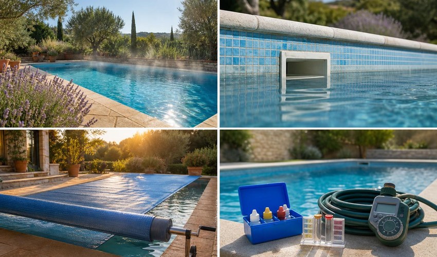 evaporación piscina verano con agua clara y jardín soleado