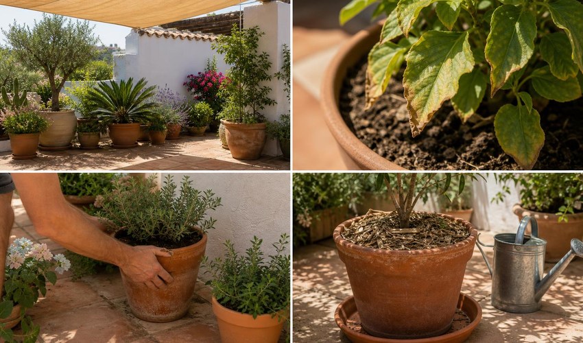 Hojas con señales de estrés por sol y calor hojas de planta en maceta con estrés por calor