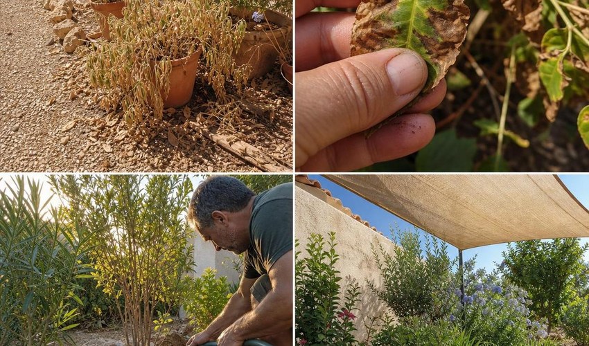 Hojas con señales de golpe de calor hojas quemadas y tallos lacios por golpe de calor en plantas