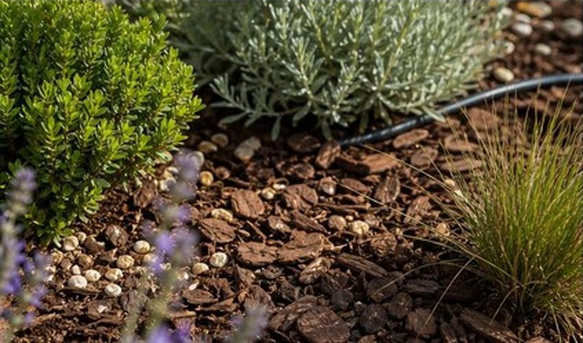 Acolchado orgánico en jardineras comunitarias para proteger el suelo