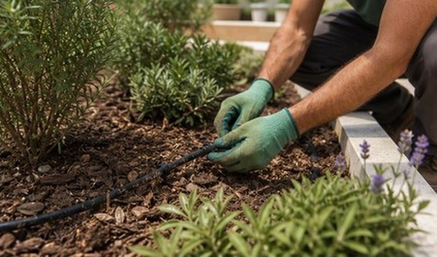 Revisión del riego por goteo en jardineras comunitarias