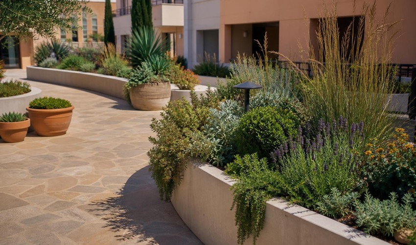 Jardineras comunitarias en verano bien cuidadas en una urbanización mediterránea