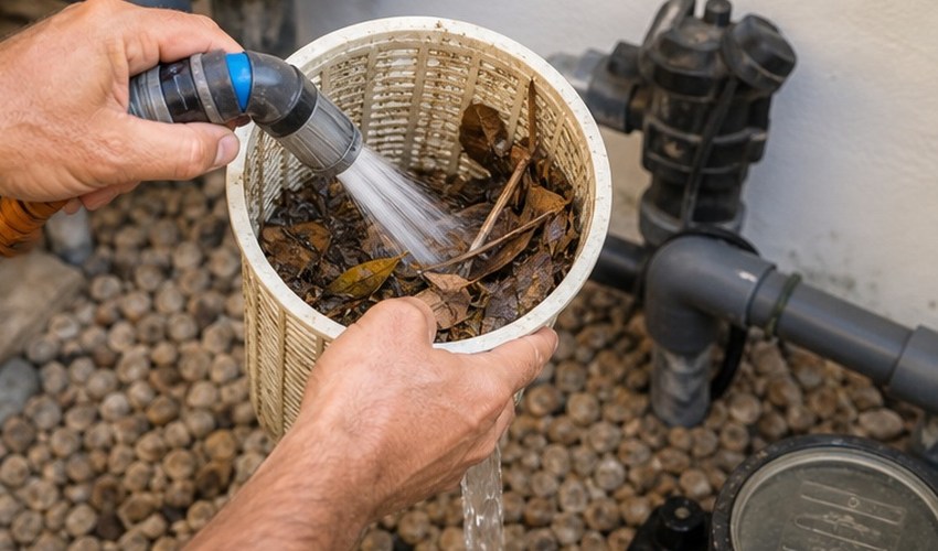 limpieza de prefiltro de bomba de piscina con hojas en verano