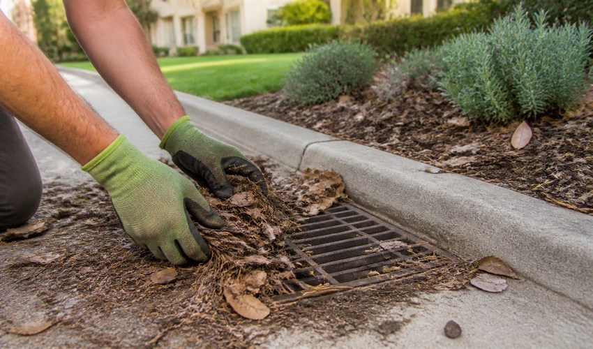 Limpieza de una rejilla de drenaje en zona ajardinada limpieza de rejilla de drenaje en jardin comunitario