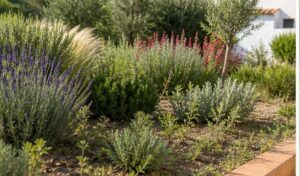 malas hierbas en verano creciendo entre plantas ornamentales
