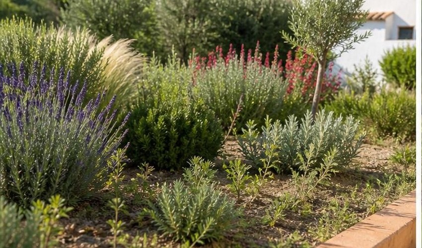 malas hierbas en verano creciendo entre plantas ornamentales
