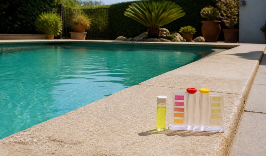 pH alto en la piscina en verano con kit de medición junto al agua