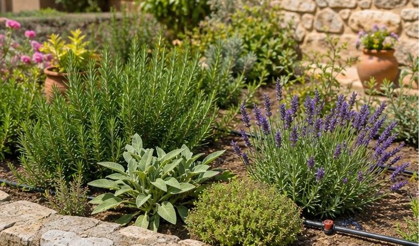 plantas aromáticas resistentes al calor en jardín mediterráneo