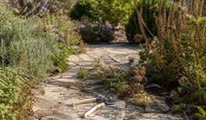 poda de flores secas en verano en jardin mediterraneo