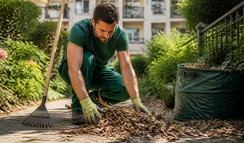recogida de hojas secas en camino de jardin comunitario