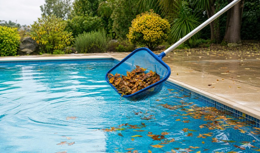 Limpieza de hojas y restos tras la tormenta retirar hojas de la piscina después de una tormenta