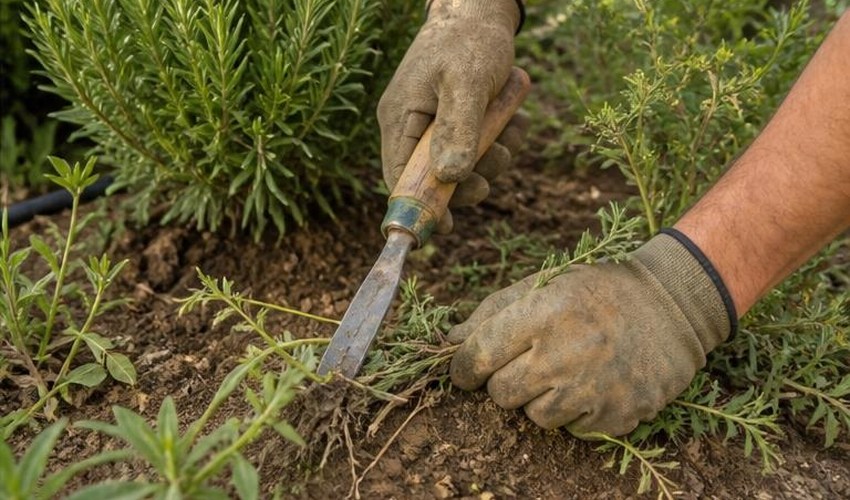 Extracción manual de malas hierbas desde la raíz mano retirando malas hierbas con herramienta pequeña en parterre