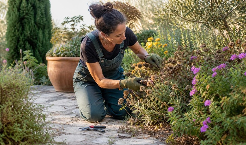 riego suave despues de poda ligera de plantas con flor en verano