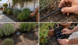 riego por goteo al final del verano en jardin mediterraneo