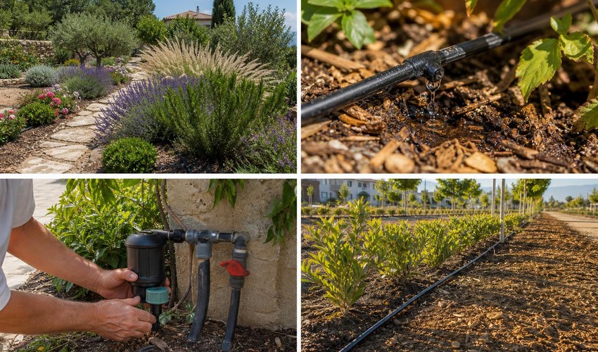 riego por goteo en verano en jardín mediterráneo