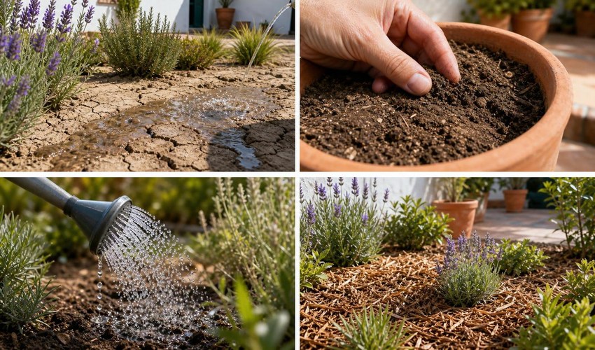 Riego lento para rehidratar el suelo seco riego lento para rehidratar suelo seco alrededor de plantas ornamentales