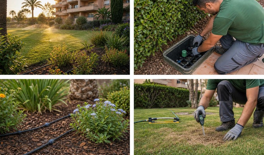 riego zonas comunes agosto en jardín comunitario mediterráneo