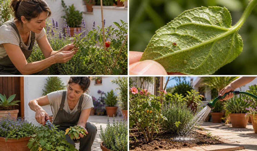 Señales tempranas de plagas en hojas de jardín hojas con señales de pulgón araña roja y calor en verano