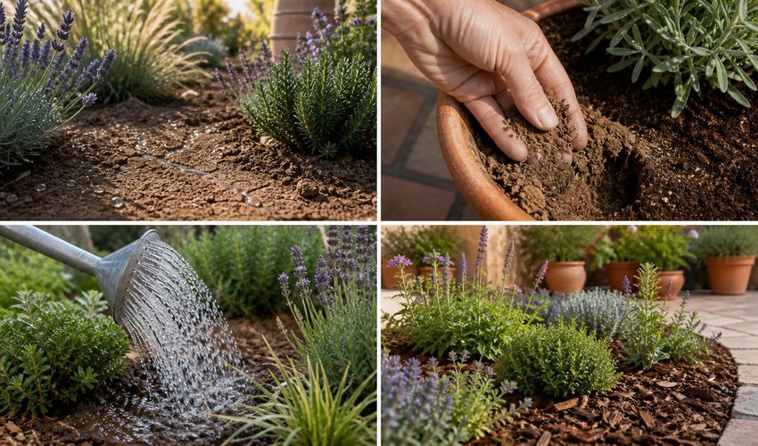 suelo hidrofóbico en verano con agua resbalando en parterre seco